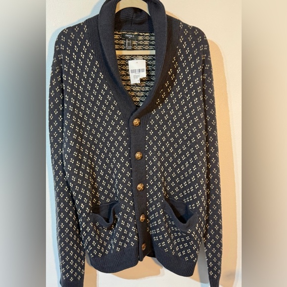Forever 21 Mens sweater Cardigan navy/cream faux leather toggle buttons pocketsL - Picture 1 of 7